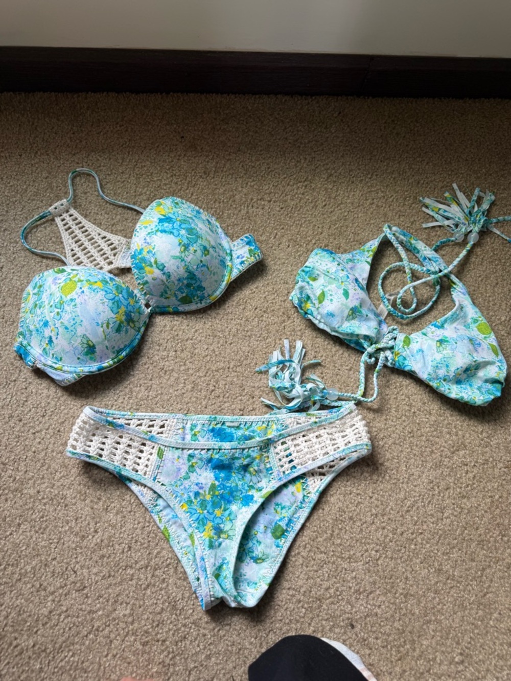 3 piece Victoria’s Secret blue floral watercolor/ crochet bikini set